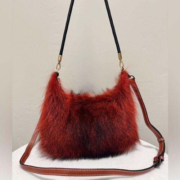 Burnt Orange Real Raccoo Fur Slouchy Bag/Hobo Bag/ Crossbody/Multi Use Style - Picture 3 of 16